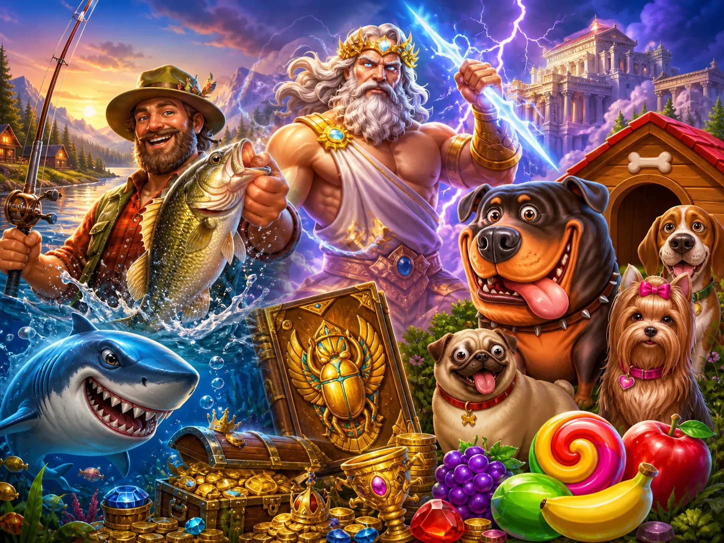 A vibrant slot game artwork featuring a dynamic mix of characters and objects from various game worlds, highlighting themes l